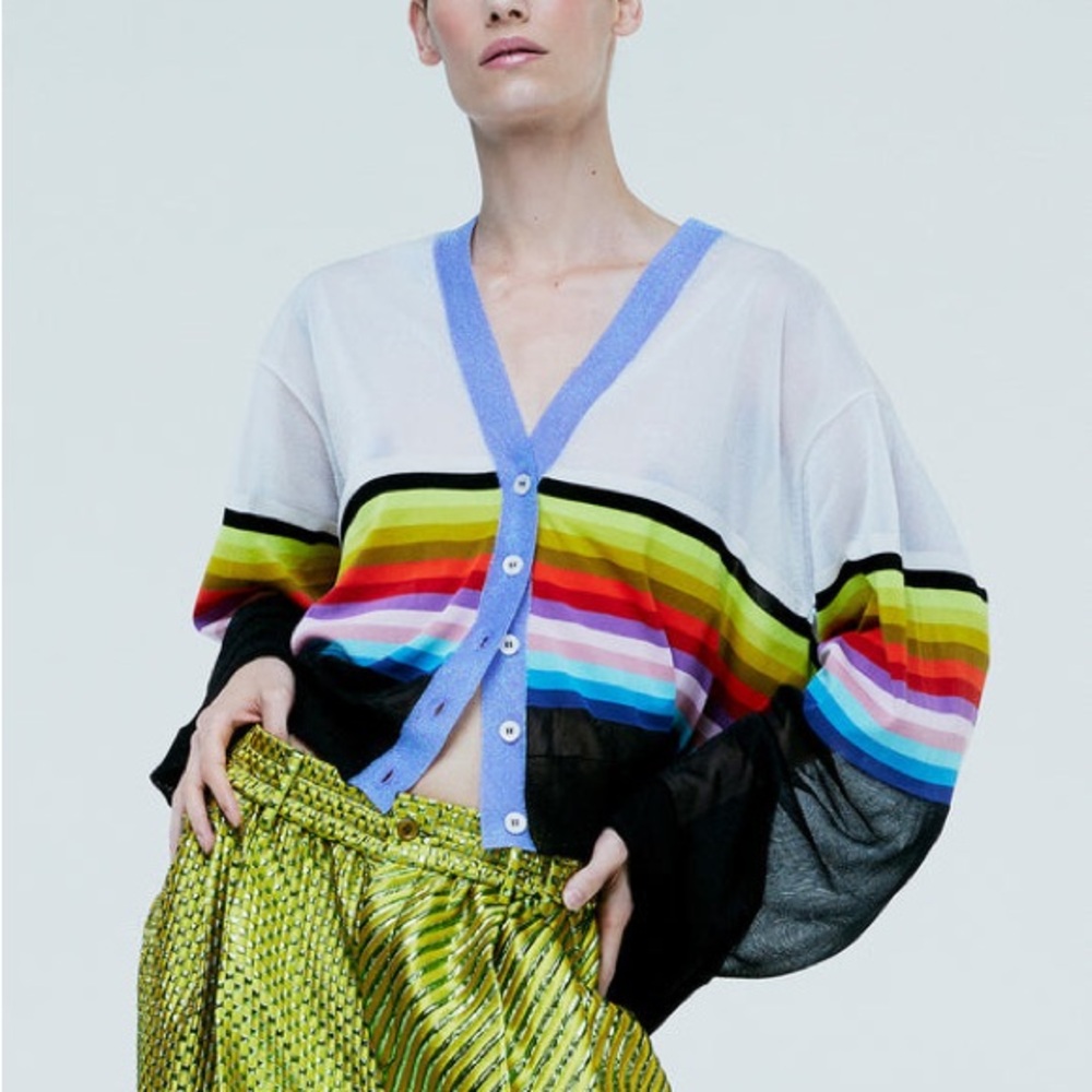 Christopher John Rogers Multicolor Striped Sheer Cardigan - Picture 5 of 6